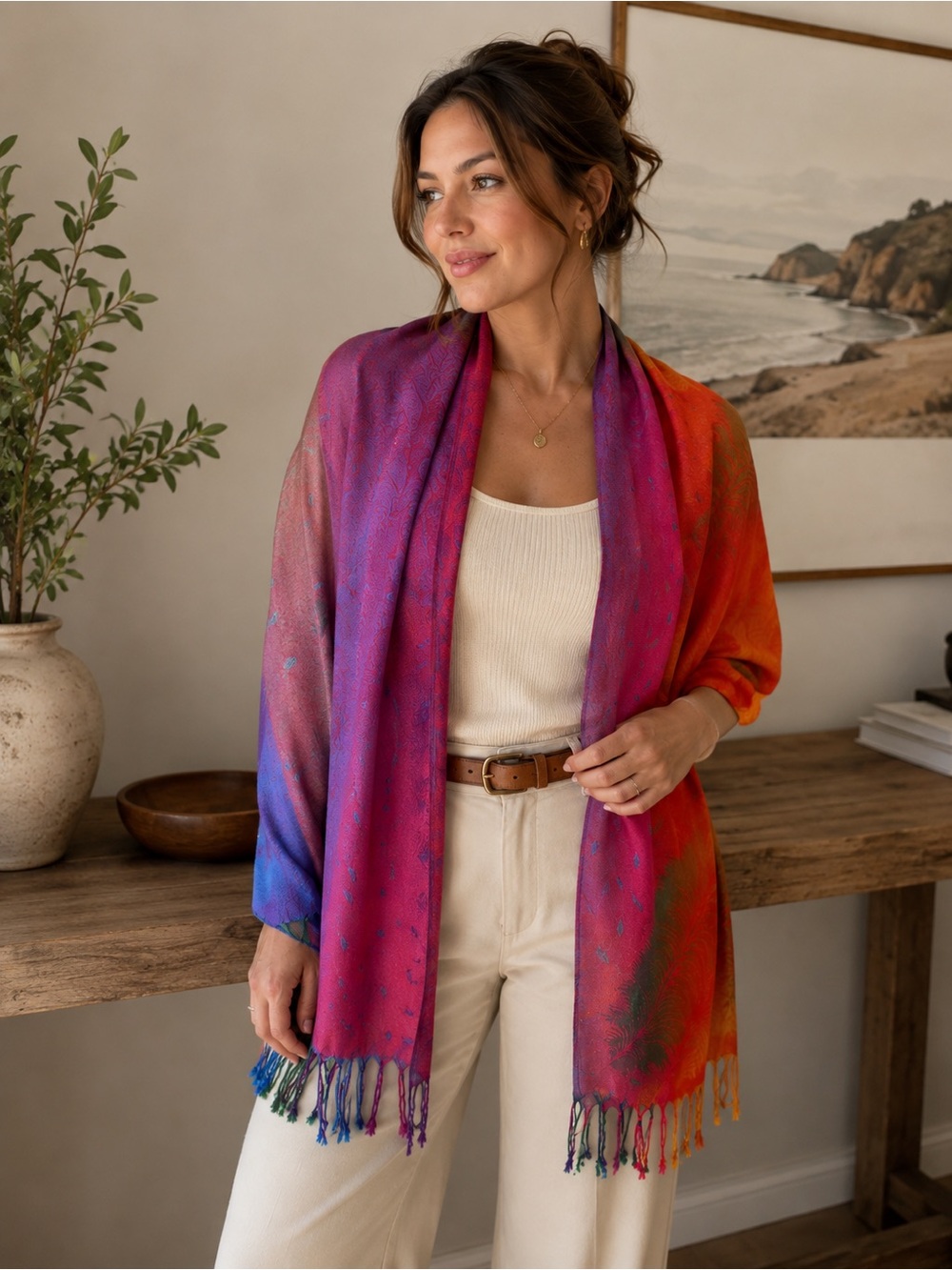 100% Pashmina Scarf Wrap Shawl Purple Pink Orange Blue Fringe 70” x 26”